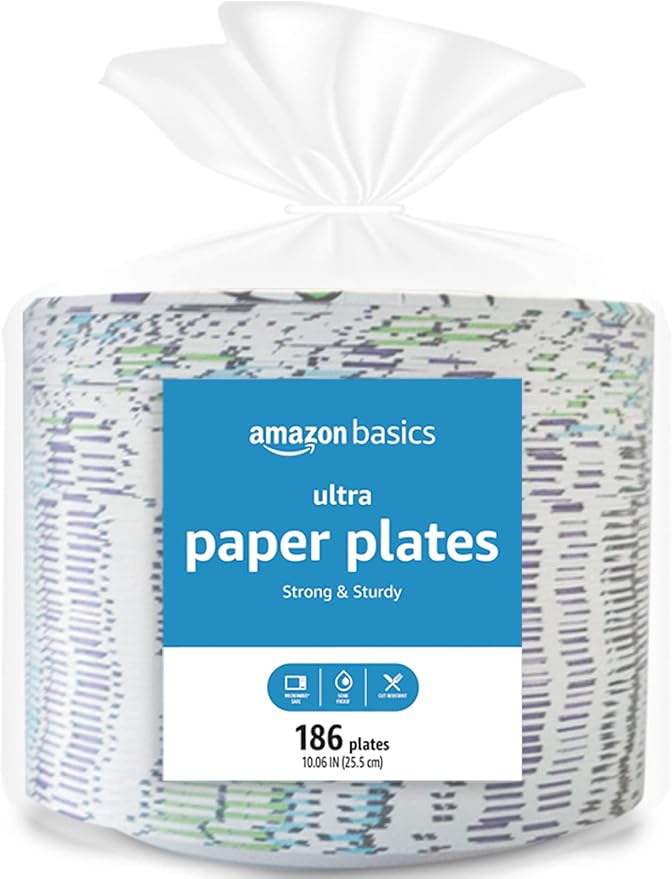 Amazon Basics Ultra Paper Plates, 10 Inch, Disposable, 372 Count (2 Pack of 186), Packaging May Vary