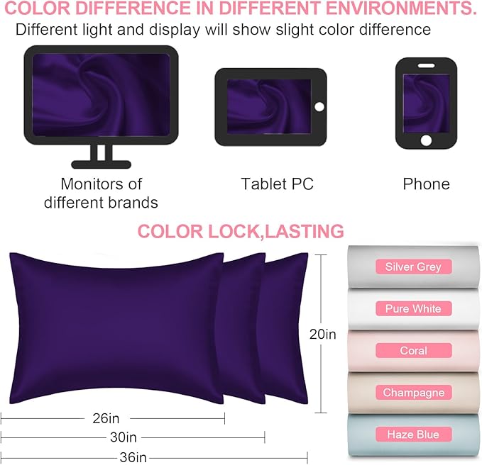 LYSHIN Silk Pillow Cases 2 Pack Queen Size with Zipper, Purple