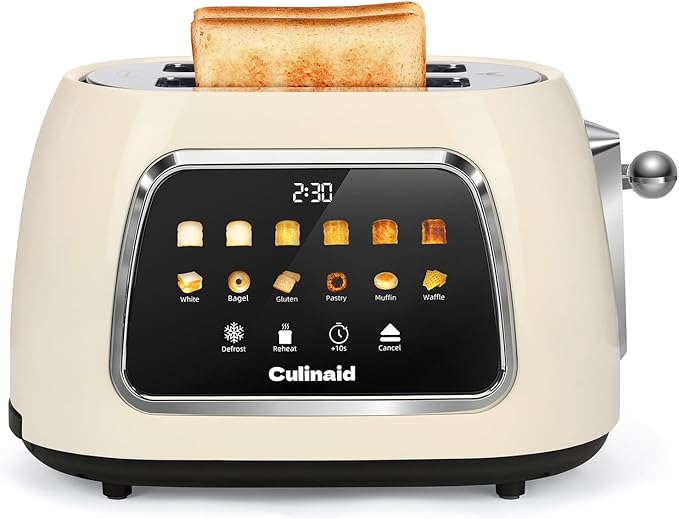 Culinaid Toaster 2 Slice Smart Touch Screen, Retro 1.5'' Extra Wide Slot Stainless Steel Digital Bread Toaster with Memory Function, Bagel, Defrost, 6 Browning Levels and Removable Crumb Tray, Cream