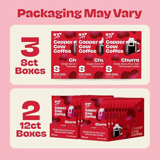 Copper Cow Coffee Premium Pour Over Single-Serve Vietnamese Coffee Pouches (24 pack) | Churro | Dark Roast | Flavored with Real Cinnamon | Convenient Vietnamese Ground Coffee Packets, Travel Friendly