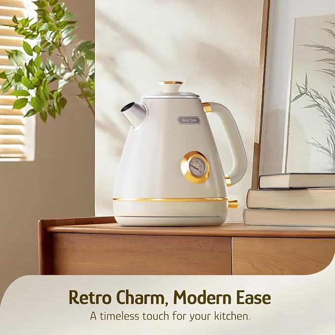 Hazel Quinn Retro Electric Kettle, 1.7 Liters with Thermometer, Pearl White