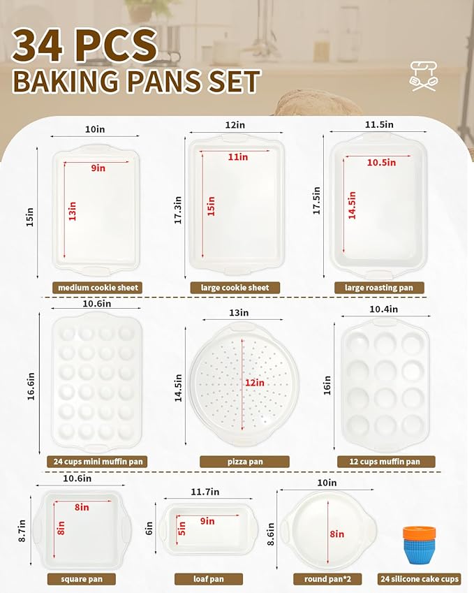 Ymiton Baking Pans Set with Silicone Handles, 34 PCS Nonstick Bakeware Sets, Oven Pan Set Includes Baking Tray, Cookie Sheet, Cake Pans, Loaf Pan, Muffin Pan, Pizza Pan