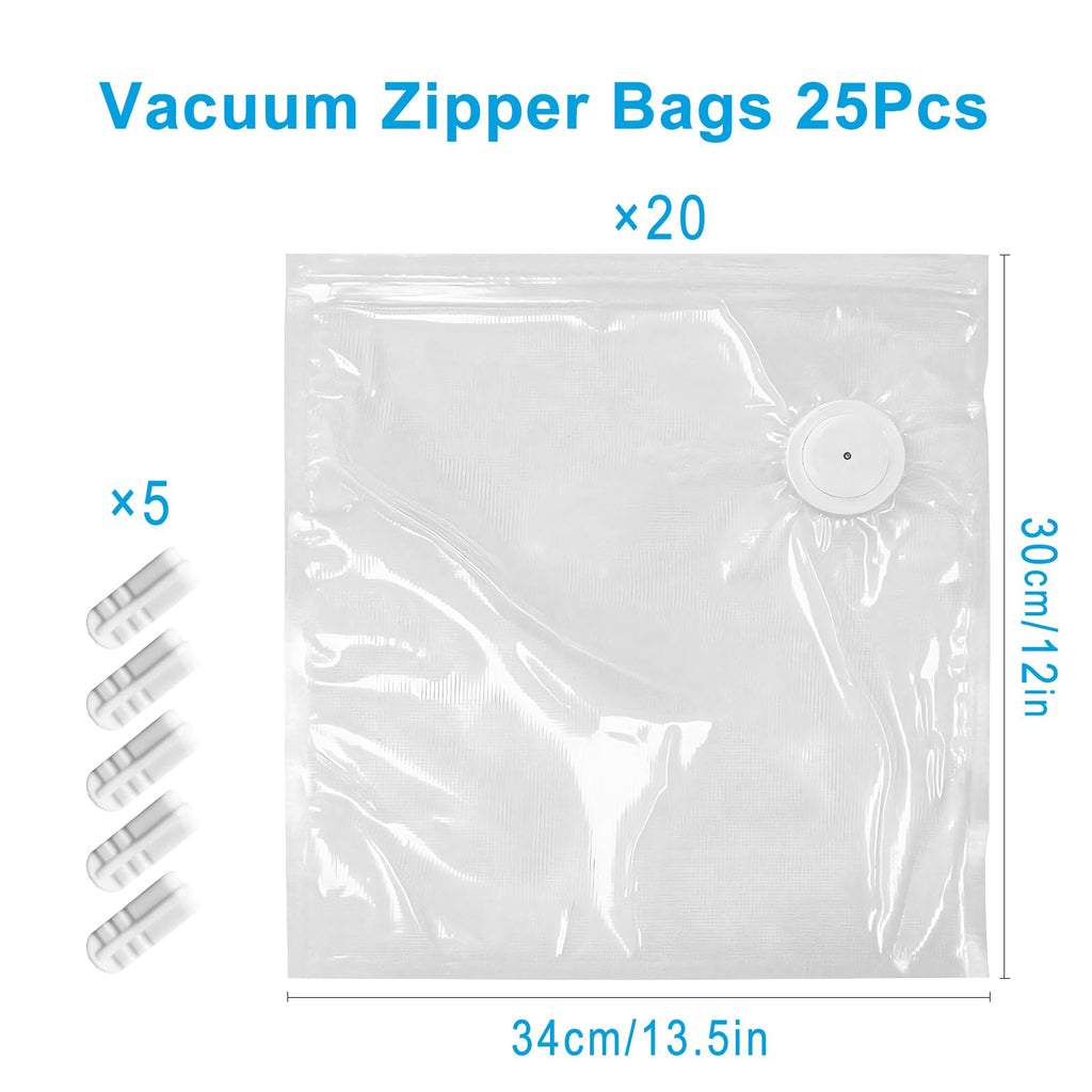 MEGAWISE Vacuum Zipper Bags 20Pcs (12 * 13.5in), BPA Free, Reusable Food Storage Bags with Air Valve for Sous Vide Cooking/Freezer/Microwave Heating, with 5 Seal Clips.