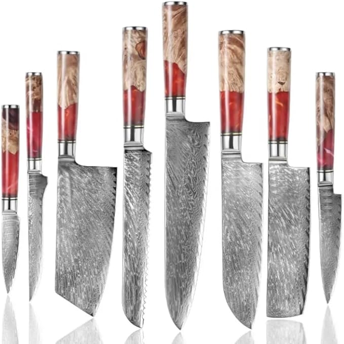 The Epicurean Cook Tidal Red 8pc Razor-Sharp Damascus Knife Set