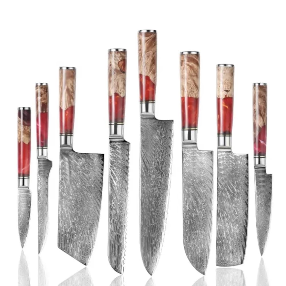 The Epicurean Cook Real Forged Damascus 8pc Japanese-Style Knife Set Blue
