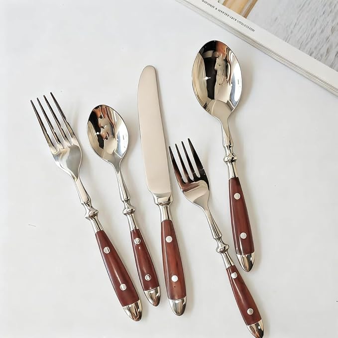 QUEARI 20-Piece Silverware Set Service for 4 with Two Rivets, Vintage Flatware Set, Stainless Steel Cutlery Set with Coffee-colored Bakelite Handle, Dishwasher Safe, Light Brown Color