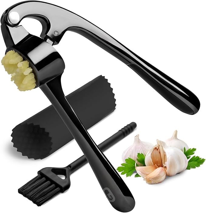Garlic Press Crusher & Mincer – Easy Squeeze Ergonomic Handle, Heavy Duty Zinc Alloy, Dishwasher Safe, Includes Peeler & Cleaning Brush – Garlic Ginger Crusher Tool (Black)