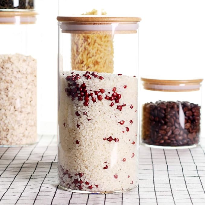 LEAVES AND TREES Y Stackable Kitchen Canisters Set, Pack of 5 Clear Glass Food Storage Jars Containers with Airtight Bamboo Lid for Candy, Cookie, Rice, Sugar, Flour, Pasta, Nuts