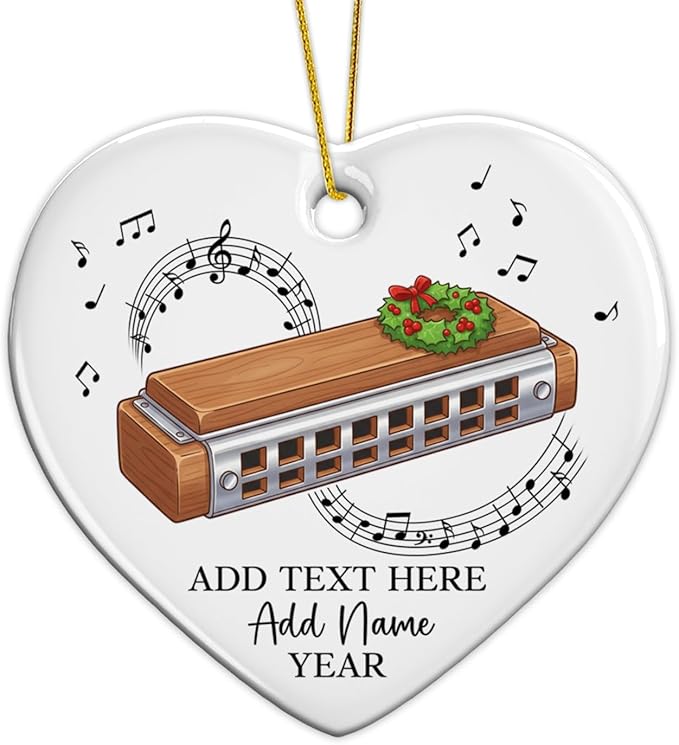 Personalized Harmonica Christmas Ceramic Ornaments, Harmonica Musical Instrument Xmas Tree Ornament 2026, Custom Music Lover Christmas Ornament with Text Name & Year, Gift for Music Teacher