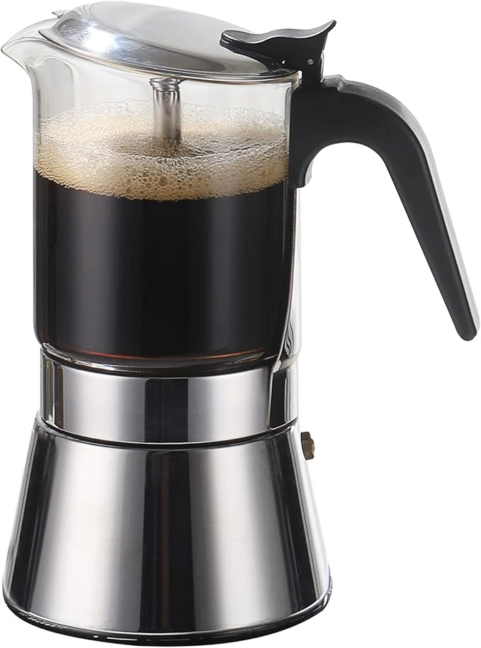 SIXAQUAE Stovetop Espresso Maker, Crystal Glass-top & Stainless Steel Espresso Moka Pot,Classic Italian coffee maker（360ml）