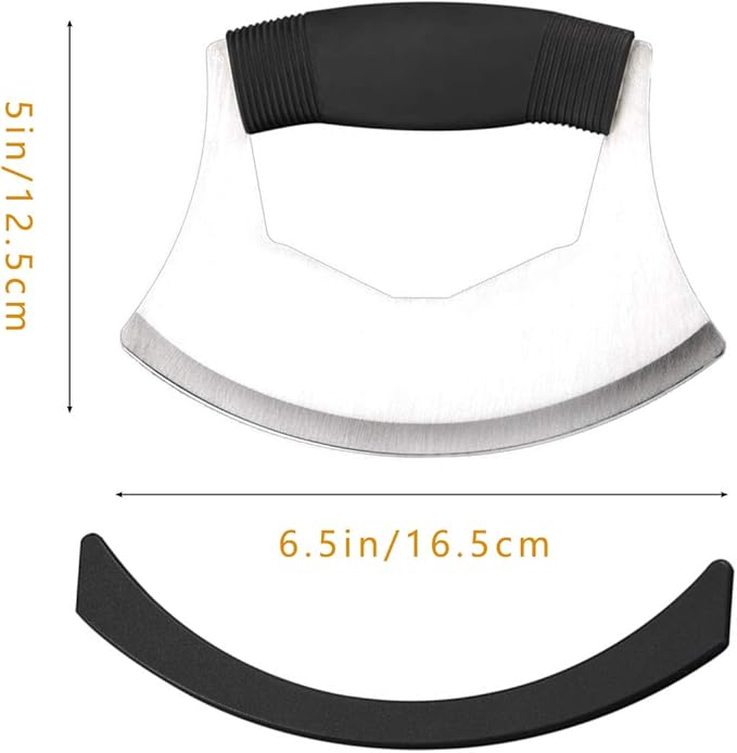 TLIOCAS Mezzaluna Salad Chopper,Stainless Steel Mezzaluna Knife Razor Sharp Rocker Slicer with Protection Cover Vegetable Chopper Mincing Cutter for Pizza Cheese Onion Carrot Pepper Garlic