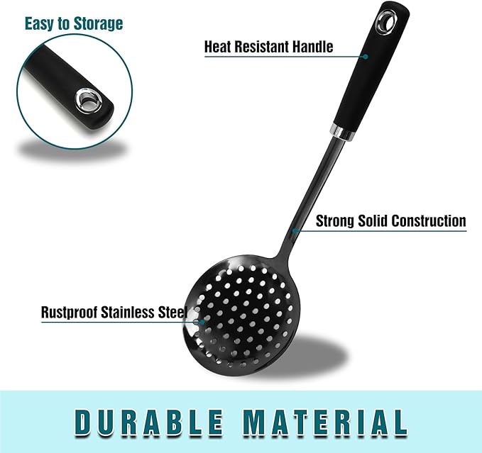 JXWING Black Stainless Steel Skimmer Spoon, Metal Slotted Spoon Strainer