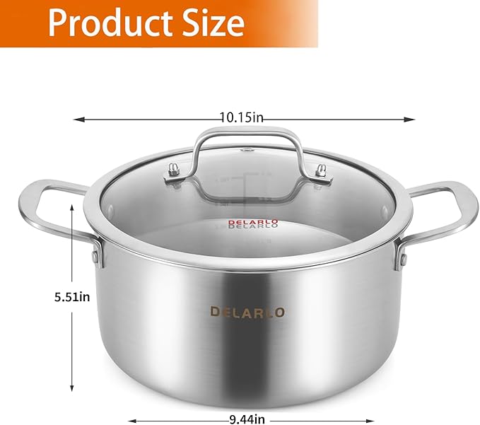 DELARLO Tri-ply Stainless Steel 6 Quart Heavy Duty Induction Stock Pot