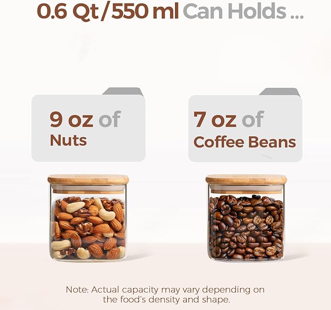 ComSaf Square Glass Containers With Lids 0.6 Qt, Set of 6 Small Galss Jars