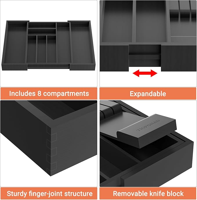 TIOPGHAD Expandable Bamboo Silverware Drawer Organizer Kitchen Tray, Black