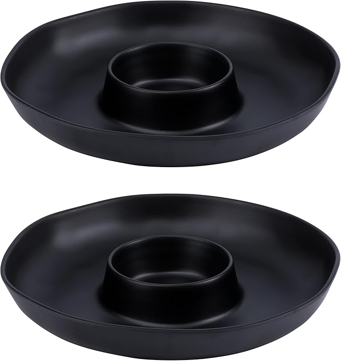 ZAROCRUS Chip & Dip Serving Set, 2 PCS Divided Cheeses Serving Platter, Relish Tray, Round Compartment Appetizer Set for Chips and Dip, Veggies, Candy and Snacks, Black, Set of 2