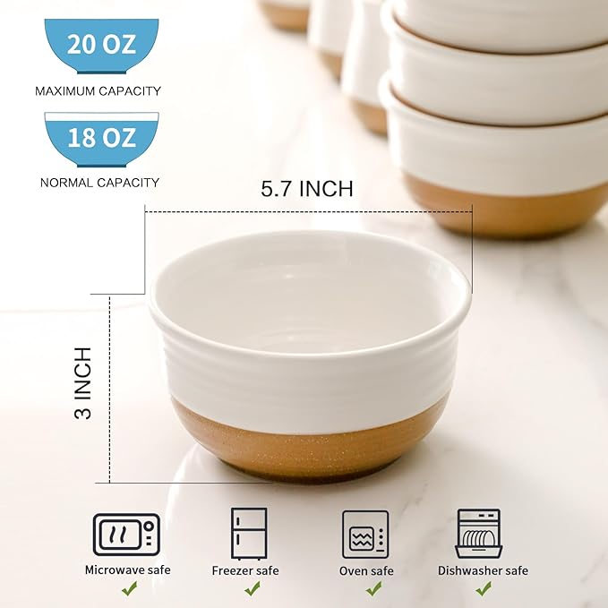 HASENSE Ceramic Cereal Bowls, 20 OZ Soup Bowls for Kitchen, White Bowls Dishwasher and Microwave Safe, Stackable Bowl Set for Pasta Oatmeal Rice Ice Cream, Colorblocked Design Dessert Bowls, Set of 6