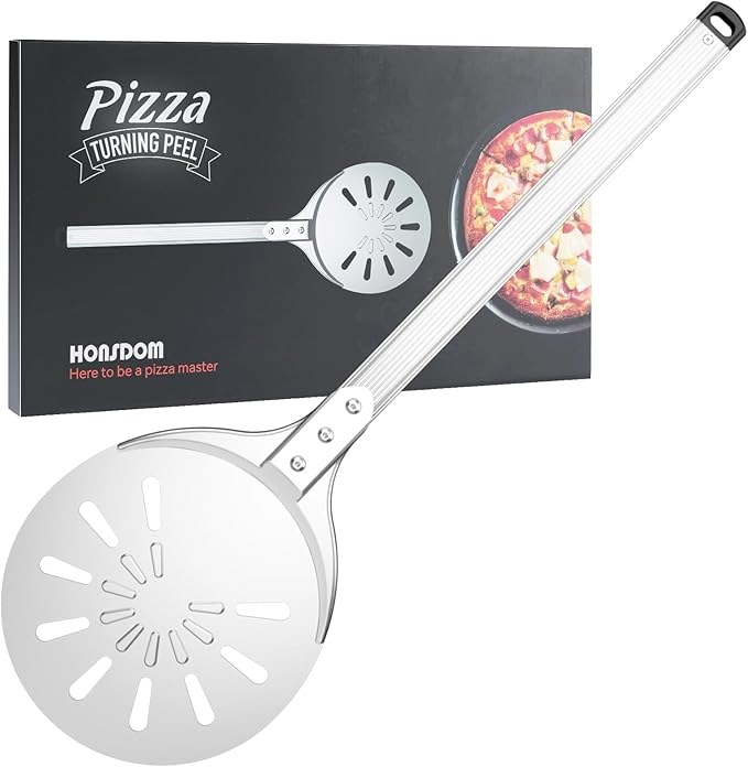 Pizza Turning Peel, 8-inch Pizza Peel Turner Spinner with Non-Slip Long Handle & Silicone Hanging Hook, Essential Pizza Oven Accessories for Outdoor & Indoor Baking, Even Crispy Crust Every Time