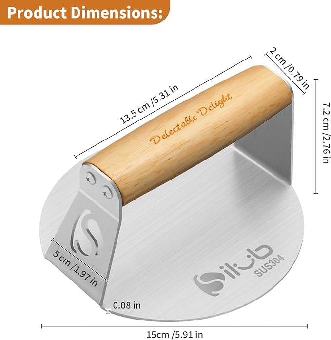 Smash Burger Press,304 Stainless Steel 6.0 Inches Round Hamburger Smasher with Anti Scald Wood Handle, Non-Stick Burger Press Perfect for Flat Top Griddle Grill Cooking (6'' Uncoated Press)