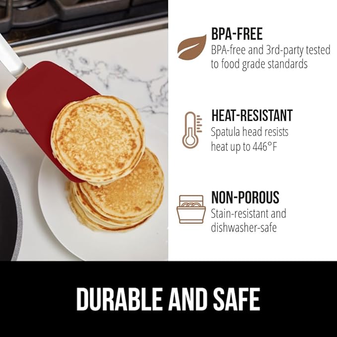 GORILLA GRIP BPA-Free Silicone Spatula for Non Stick Frying Pan, 2 PK, Heat Resistant Flexible Head, Patented Soft Comfortable Handle, Non-Scratch Kitchen Turner, Flip Burgers, Pancakes, 11.6 in, Red