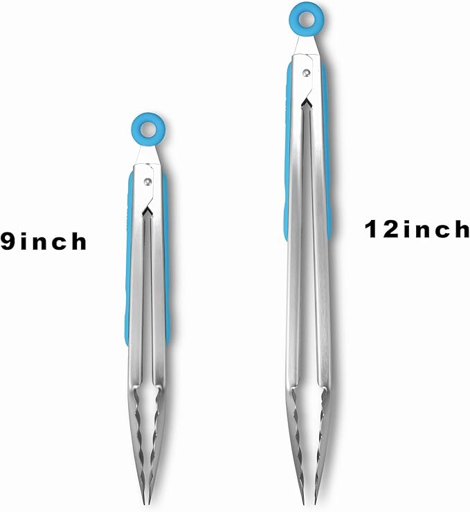 Premium 304 Stainless Steel Tongs Set – 12" Grill Tongs & 9" Cooking Tongs, Heat Resistant up to 600°F, Wavy Grip Head, Non‑Slip Handle with Locking Clip & Hanging Loop, Dishwasher Safe, Blue