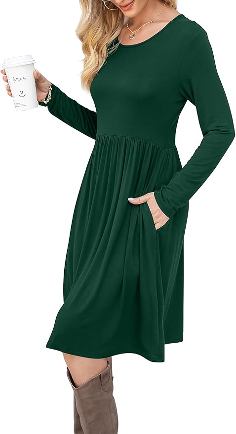 DB MOON Women Casual Long Sleeve Dresses Knee Length Loose Dark Green Dress with Pockets L