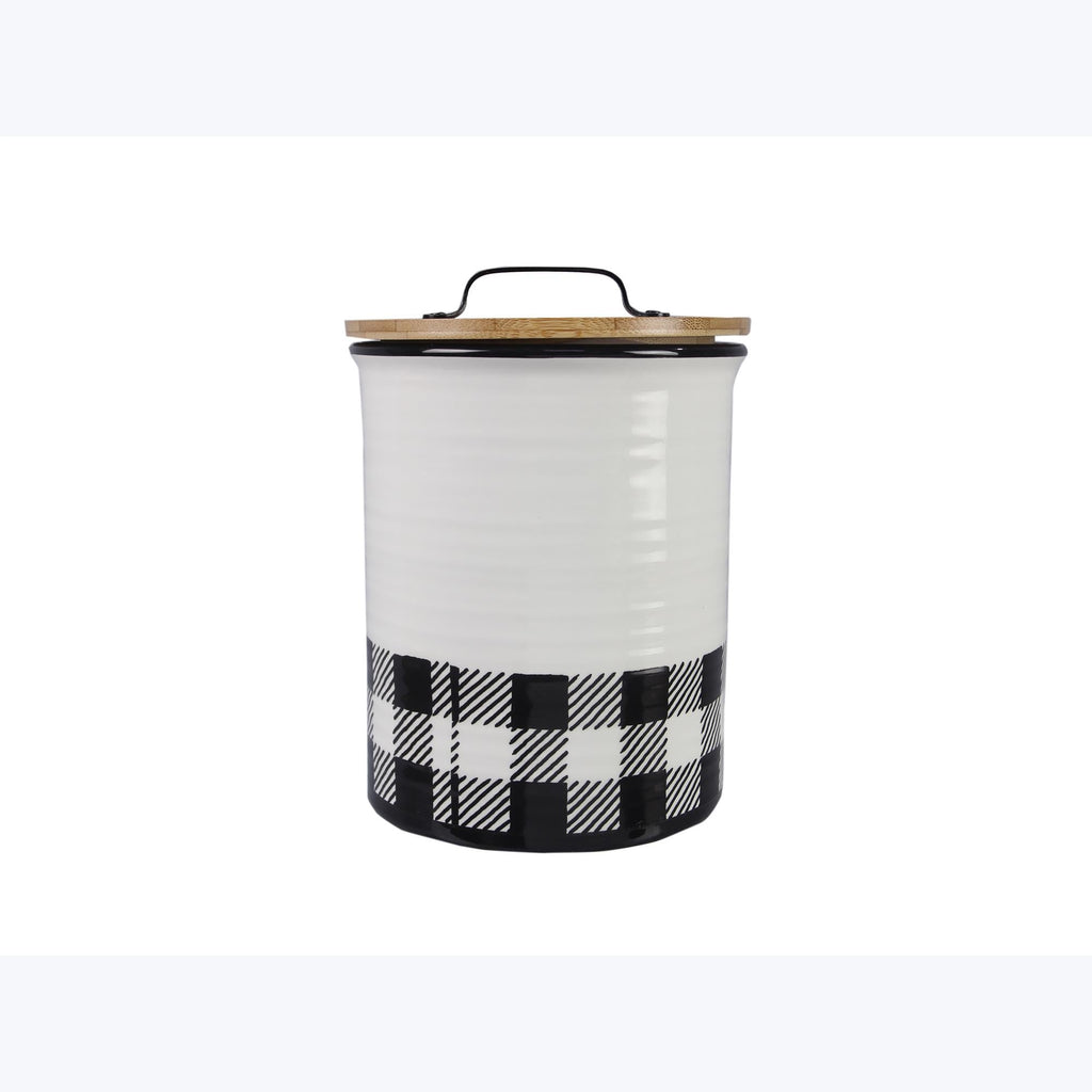 Young's Ceramic Treat Jar with Airtight Lid, Black and White Buffalo Plaid Bear Dog Treat Container, Decorative Cat Food Storage Canister