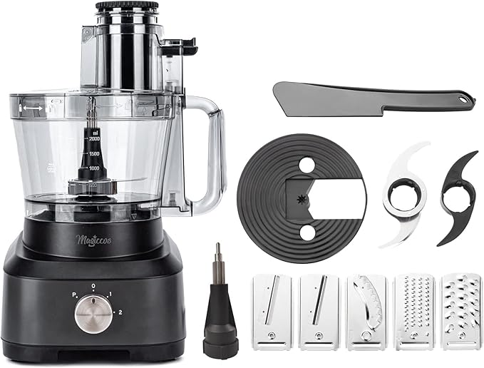 Magiccos 14-Cup French-Fry-Cutter Large Food-Processors - Large Feed Chute, Grey Color, Cheese Shredding, Meat Chopping, Shredding and Slicing, Mixing and Doughing, for Home Use