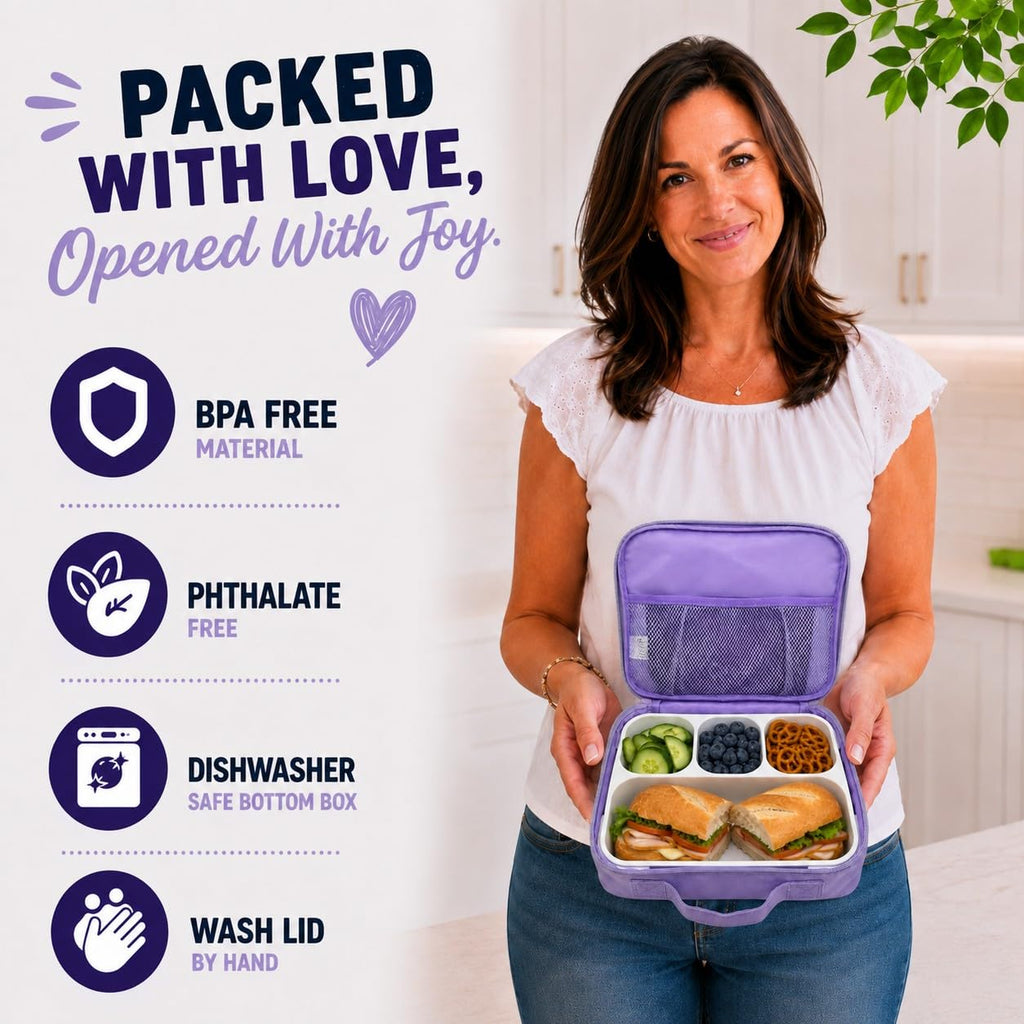 kinsho Bento Lunch Box, Ice Pack Insulated Bag & Utensils for Kids, Purple