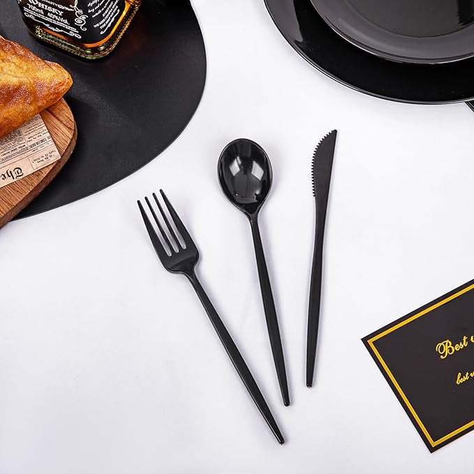 PULOTE 150PCS Black Plastic Silverware Set Disposable - Heavy Duty Black Plastic Cutlery - Black Plastic Utensils Set Include 50 Forks,50 Spoons,50 Knives for Party&Graduation