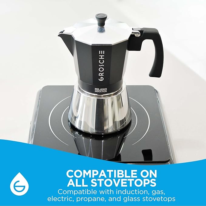 GROSCHE Milano Induction Stovetop Espresso Maker Moka Pot 6 Cup (Black)
