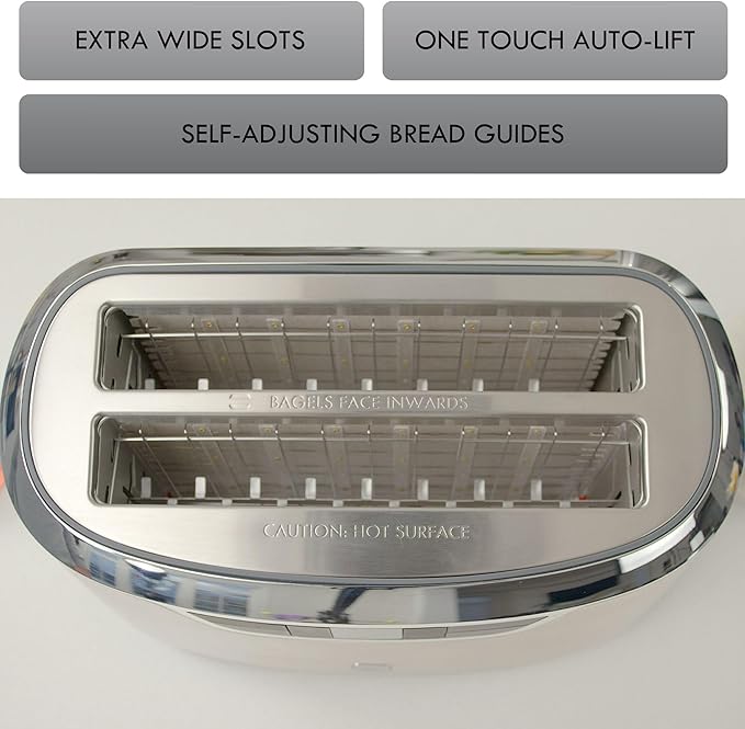 Kenmore Elite 4-Slice Long Slot Toaster Silver, One-Touch Auto-Lift, Stainless Steel, Adjustable Browning, Defrost, Digital Countdown Timer, Retractable Cord, Toast, Bagels, Waffles, English Muffins