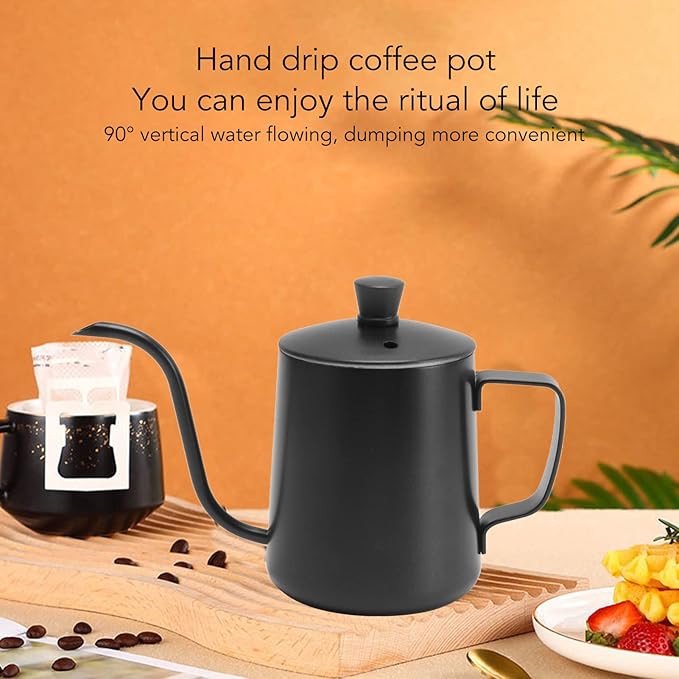 Pour Over Kettle, 12oz Stainless Steel Gooseneck Spout Pour Over Coffee Kettle, Long Narrow Drip Spout Coffee Tea Pots for Precision Pouring, Home Brewing, Camping (12oz, Black with Lid)