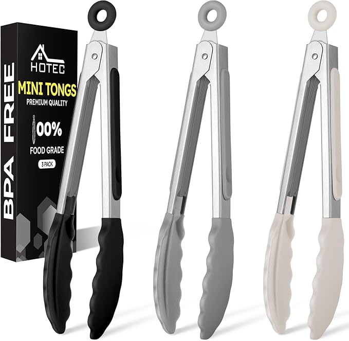 Hotec 7-Inch Mini Silicone Kitchen Tongs, Heat Resistant Non-Stick Small Serving Tongs with Silicone Tips, Food Safe Cooking Tongs Set of 3 (Black, Grey, White)