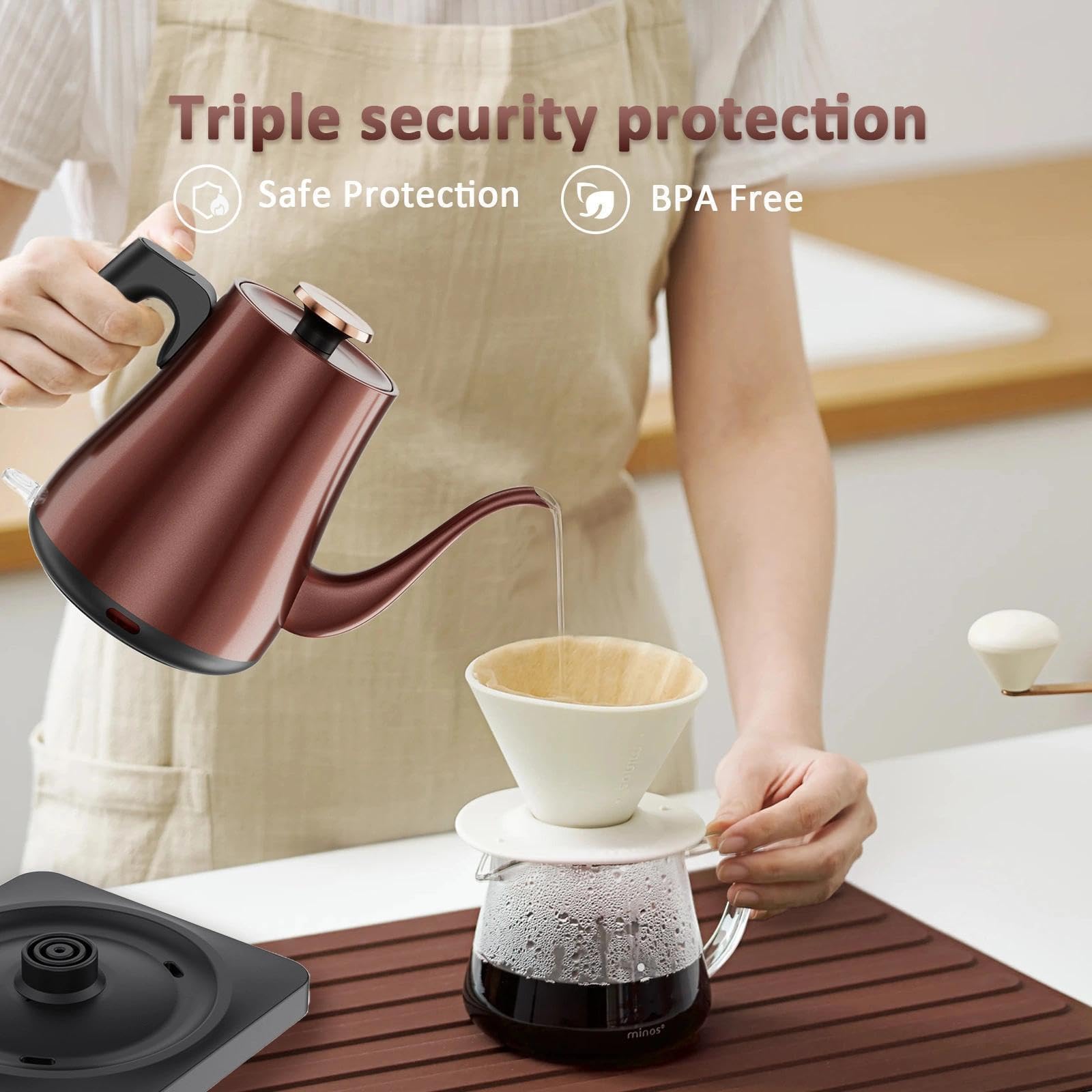 Tuehakny Gooseneck Electric Kettle 1.0L, 1000W, Pour Over, Vintage Copper