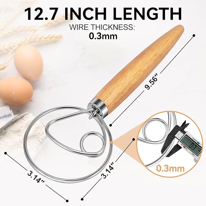 TEEVEA Danish Dough Whisk Wooden Handle Stainless Steel for Sourdough Bread