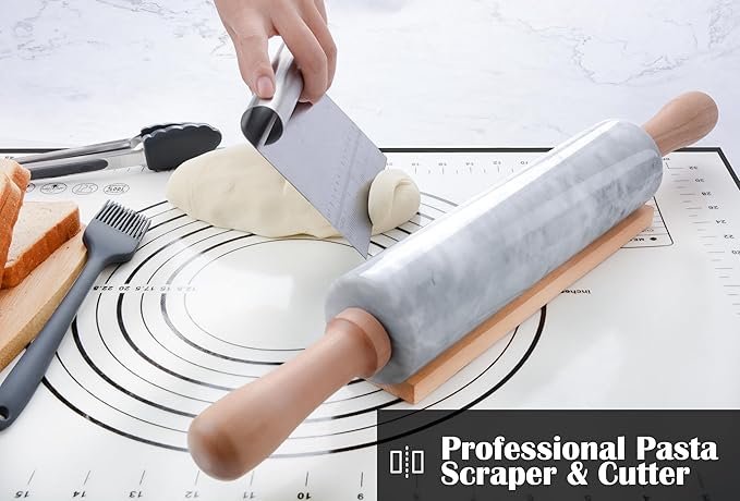 SIPARUI Marble Rolling Pin Set with Silicone Pastry Mat,Pastry Brush,Cooking Tongs,Stainless Steel Scraper18.5 inch Polished Non-Stick Roller for Pizza Dough,Fondant,Pie Crust(Gray White)