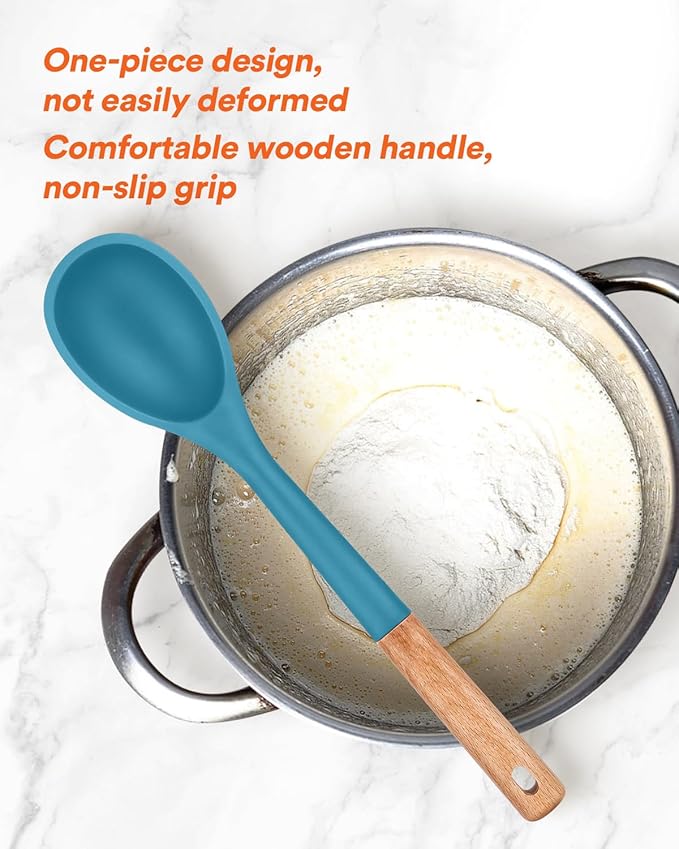 Badiano Large Silicone Cooking Spoons, Nonstick Solid Wooden Handle,13.2in