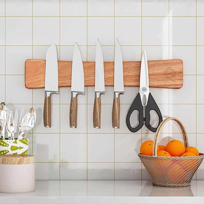 KORELION WOOD Magnetic Knife Strip, 16 Inch Oak Magnetic Knife Holder for Wall with N52 Super Strong Magnets, Premium Wooden Knife Magnetic Strip Organizer for Kitchen Knives, Tools,No Drilling