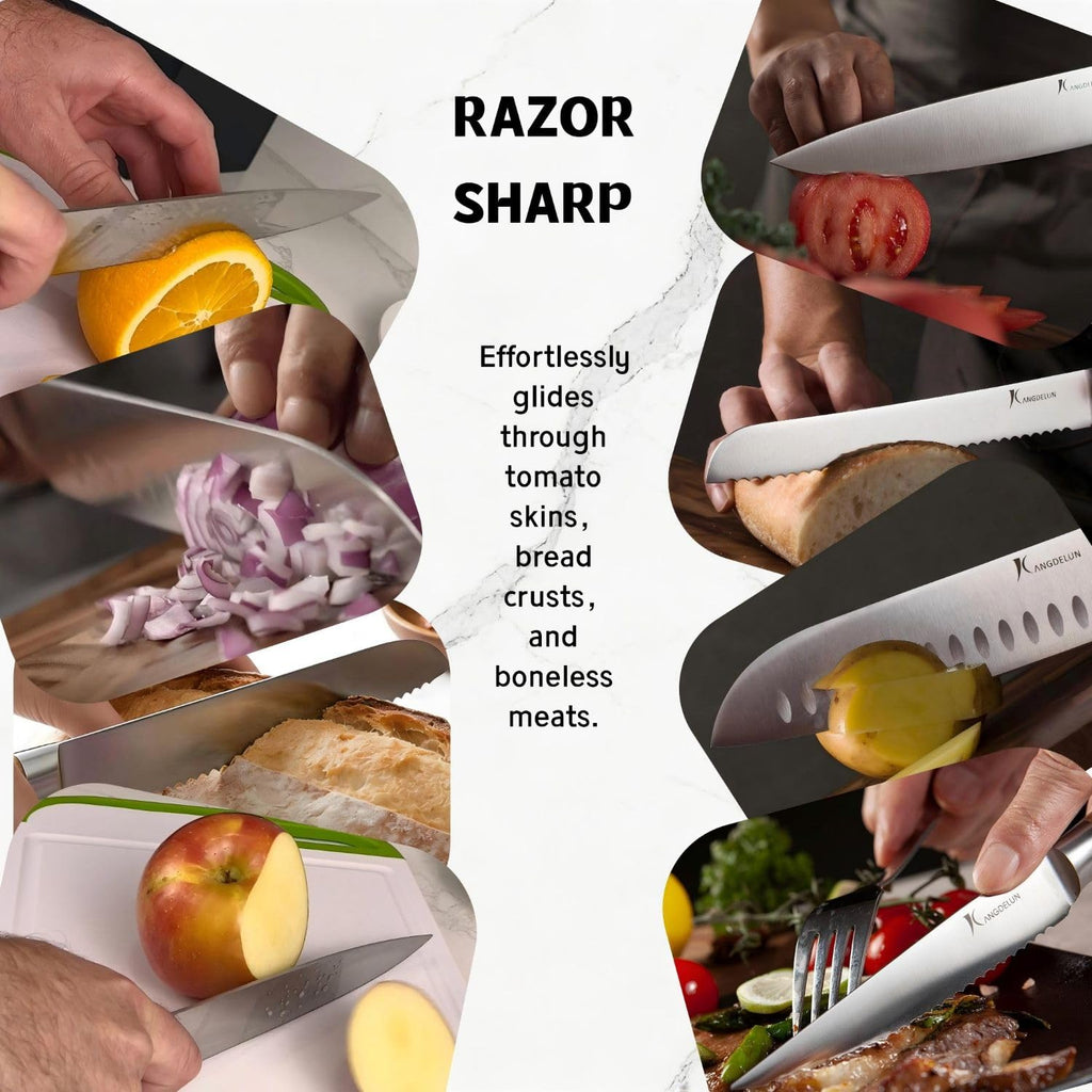Kangdelun Ultra Sharp 14-Piece Kitchen Knife Set, High Carbon Stainless Steel Blades, Torrefied Natural Wood Handles, Ergonomic Design, Space-Saving White-Finished Wood Block, Easy Hand Wash, Gift Box