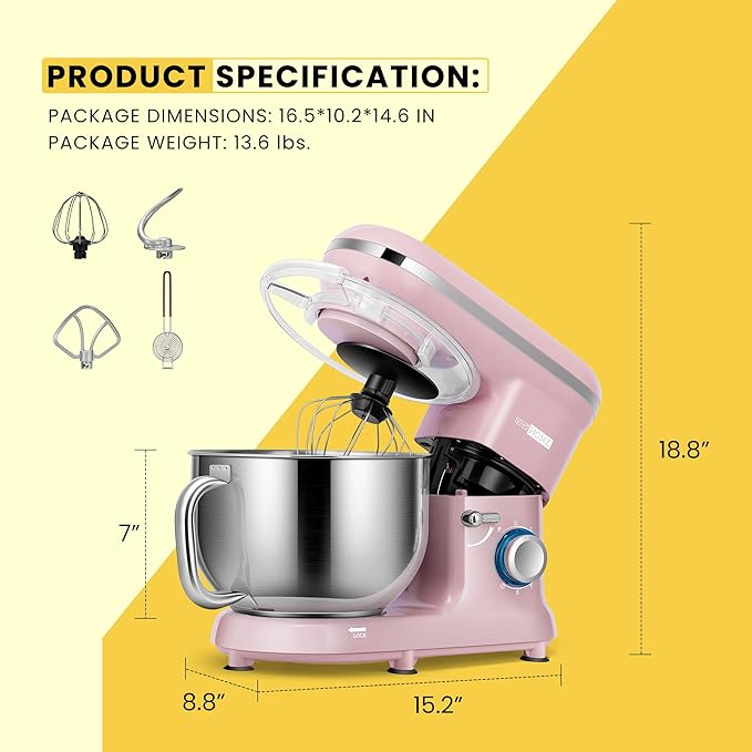 VIVOHOME Stand Mixer, 6-Quart Tilt-Head Kitchen Mixer with Bowl, Pink