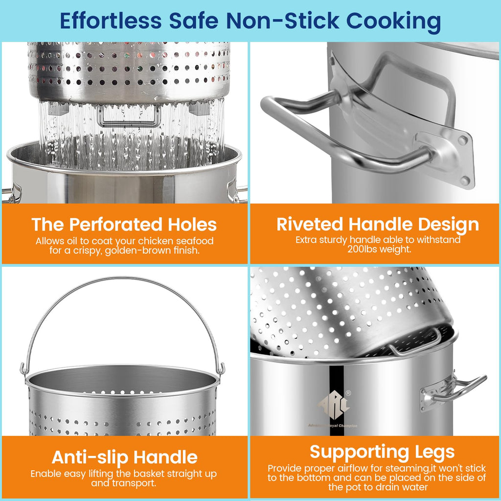ARC 52QT Stainless Steel Stockpot for Crab Seafood Boiler w/Basket, 13Gal