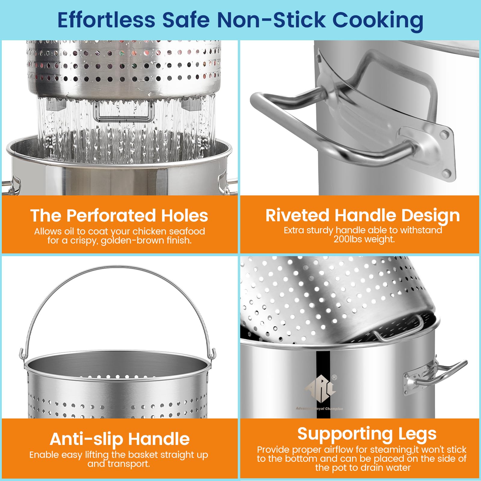 ARC 52QT Stainless Steel Stockpot for Crab Seafood Boiler w/Basket, 13Gal