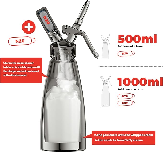OSJCOOK Whipped Cream Dispenser Stainless Steel Cream Whipper Mirror Finish,500 mL/1 Pint Professional Cream Maker,5 Various Stainless Decorating Nozzles,1 Cleaning Brush,N2O Chargers NOT included