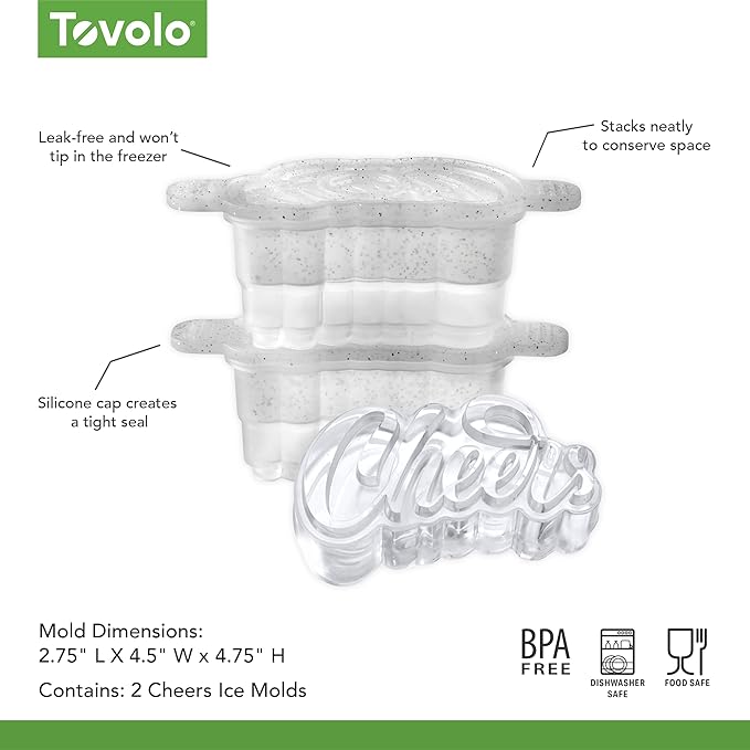 Tovolo Cheers Ice Mold Pack of 2 Craft Ice Cube Molds for Whiskey Bourbon Cocktails, Easy Fill No Leak Cheers Shaped Ice Cube Bar Essentials for Bartender Gifts Dishwasher Safe BPA Free Silicone