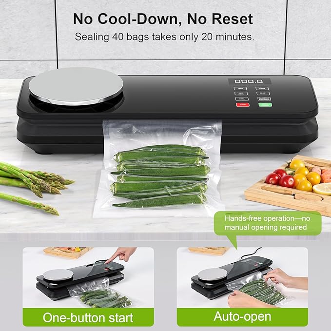 Food Vacuum Sealer Machine, 90KPA with Kitchen Scale, One-Touch Automatic, Multiple Modes, with 10 Sealer Bags and 1 Roll, Built-in Cutter, Black