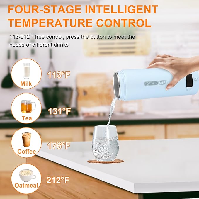 Rzlinn Travel Kettle,Portable Electric Kettle with Temperature Control, Brews Two Cups of Coffee, 316 Stainless Steel Inner Tank, Elegant Blue