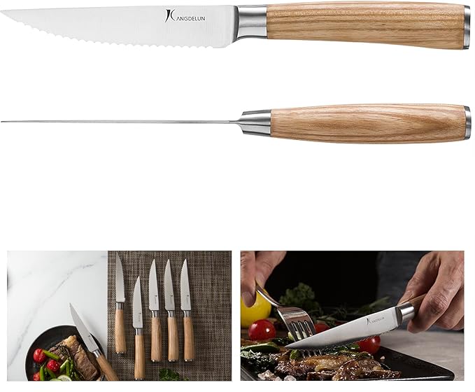 kangdelun Ultra Sharp 6-Piece Steak Knife Set, 4.5" Serrated Blades, 50Cr15MoV High-Carbon Stainless Steel, Torrefied Natural Ash Wood Handles, Magnetic Gift Box