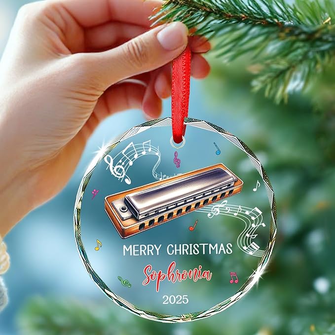 Harmonica Musical Instrument Glass Ornament Xmas 2026, Personalized Text & Name Instrument Christmas Ornament Gifts for Harmonica Player, Musician Xmas Keepsake, Custom Harmonicist Glass Ornaments