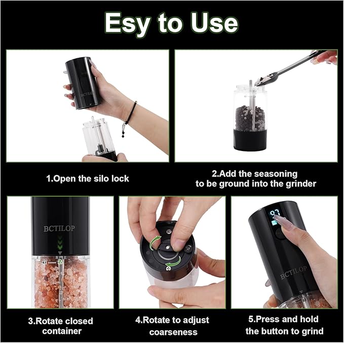 BCTILOP 2Pack Electric Salt and Pepper Grinder Set with Power Display, USB Rechargeable Automatic Salt & Pepper Mills, Adjustable Coarseness, 120ml Larger Capacity with LED Light (Black Set)